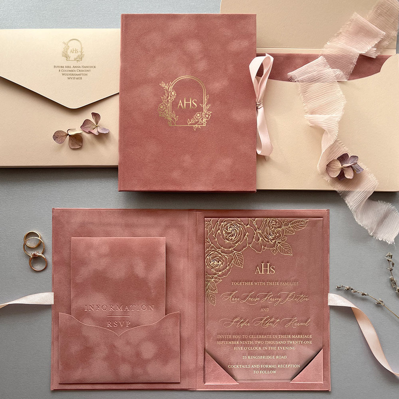 Roses Pink Luxury Velvet Wedding Suite Hardcover Folio Inspired Wedding Gold Foiling Acrylic Invitation Card