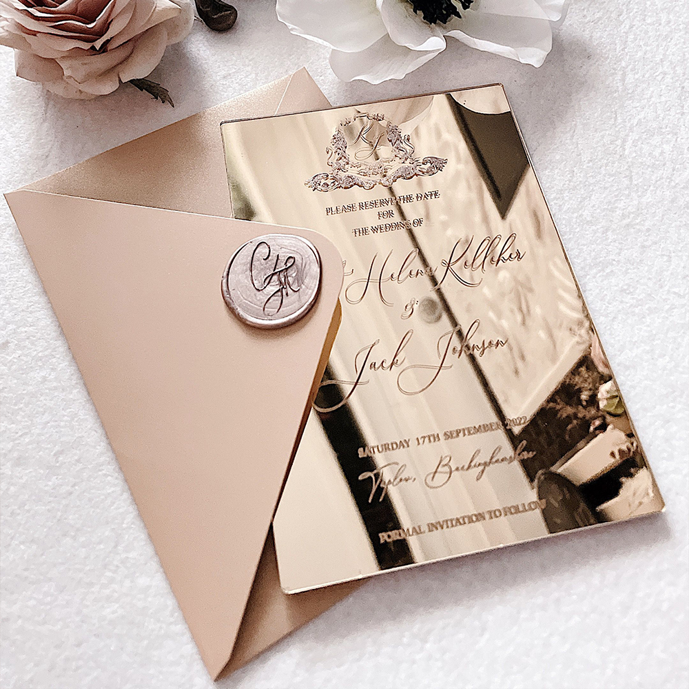 Custom Luxury Invitation Card With Envelope Self Sealing Wax Seal Mirror Finish Greeting Cards Acrylic Wedding Invitation