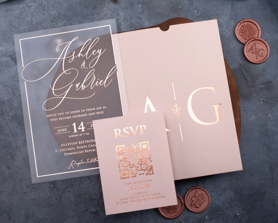 Custom Gold Bronzing Initials Luxury Elegant Pink Envelope Wedding Birthday Party Pull Type Acrylic Invitations & RSVP Cards