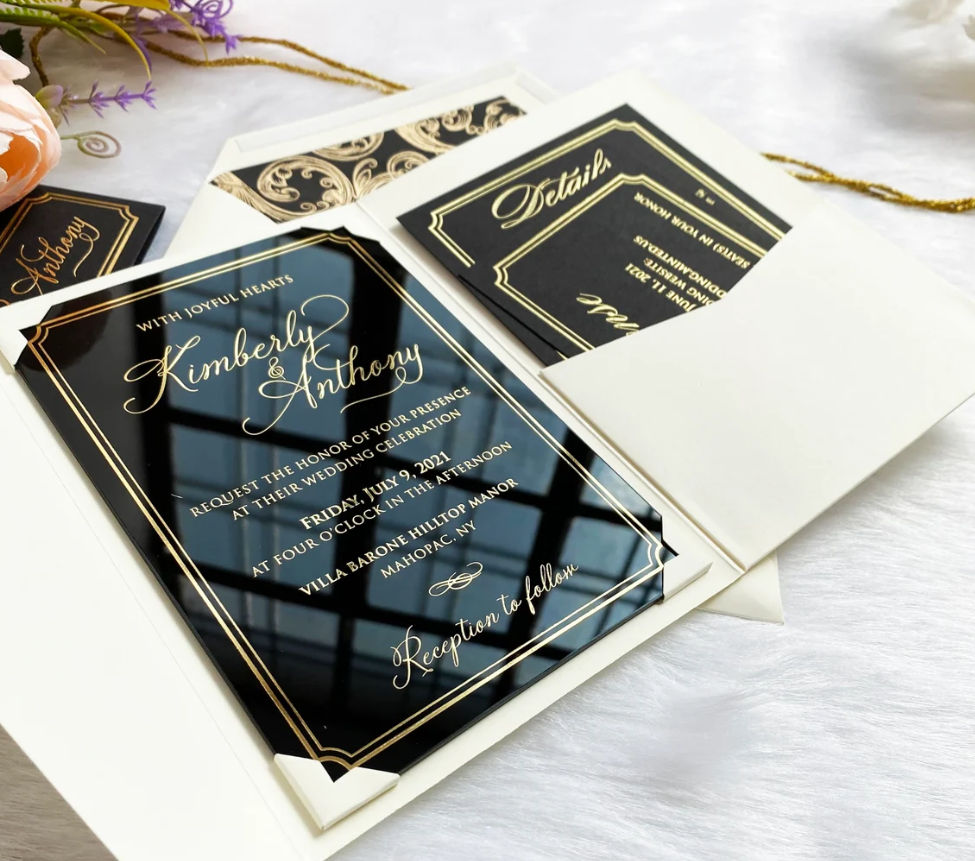 Hotsale Luxury Hot Stamping Gold Mirror Acrylic Letters Acrylic Wedding Invitation