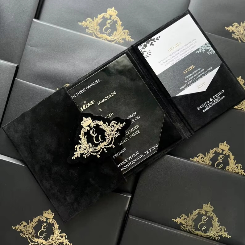 Wedding Invitation Bundle Luxury Black Velvet Envelope and Elegant Acrylic Invitation Trifold Booklet Invitations Reception