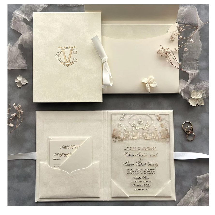 Monogram Folio Cream Luxury Velvet Hardcover Glamorous Customizable Wedding Invitation Cards Elegant Gloss Clear Acrylic Set