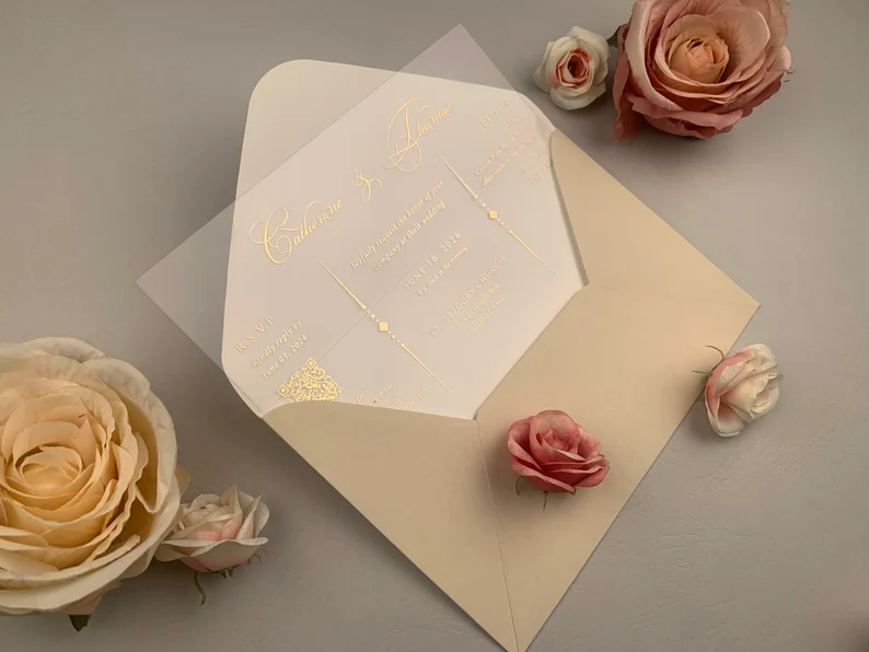 ALL in ONE Wedding Stationery 1mm Clear Acrylic Invitation Card with Gold Foil Qr Code Customizable Envelope Color