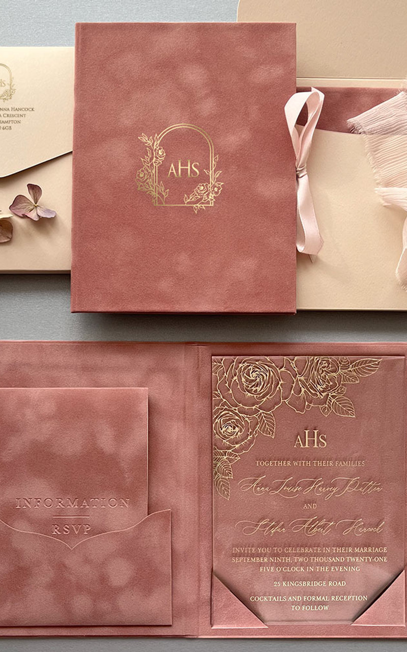 Roses Pink Luxury Velvet Wedding Suite Hardcover Folio Inspired Wedding Gold Foiling Acrylic Invitation Card