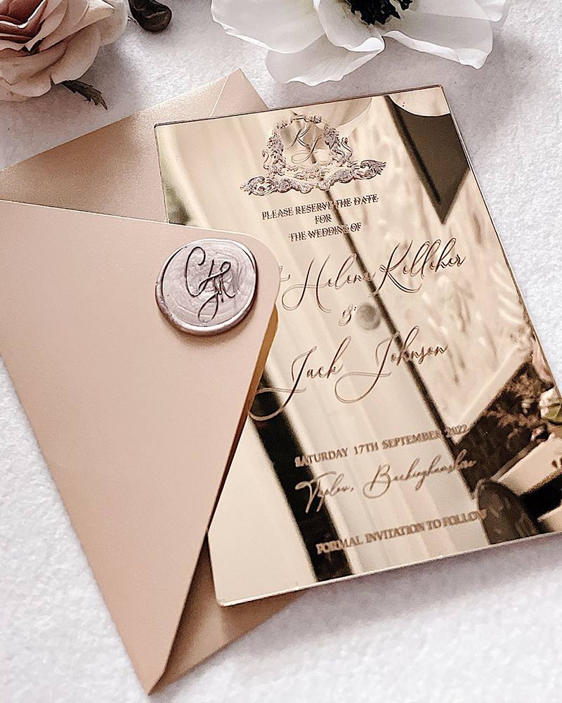 Custom Luxury Invitation Card With Envelope Self Sealing Wax Seal Mirror Finish Greeting Cards Acrylic Wedding Invitation