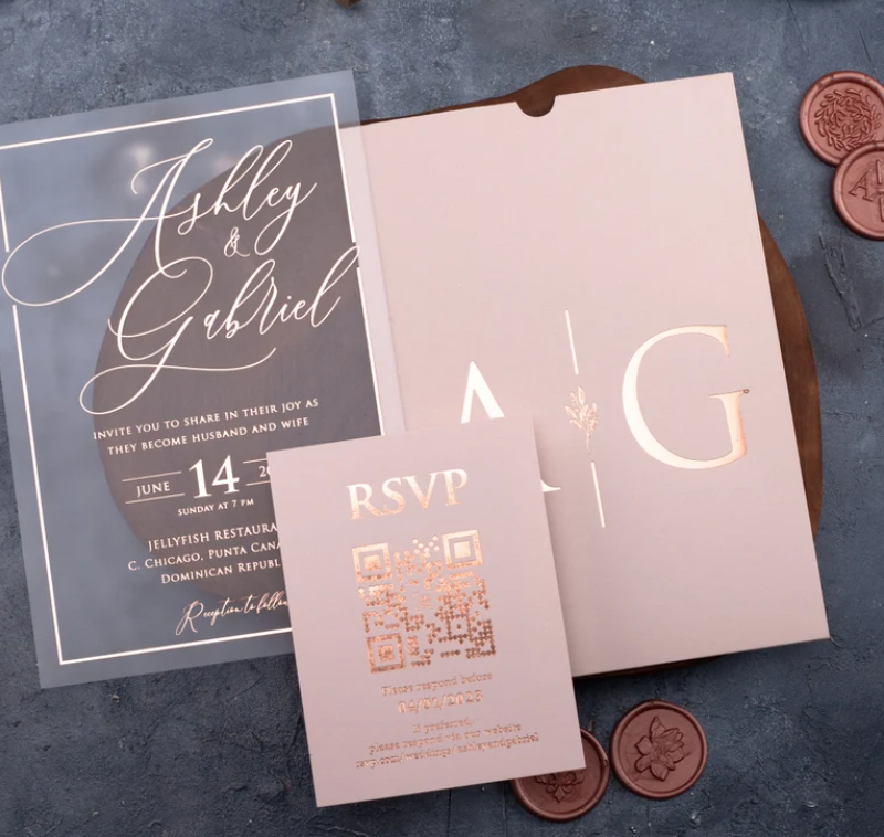 Custom Gold Bronzing Initials Luxury Elegant Pink Envelope Wedding Birthday Party Pull Type Acrylic Invitations & RSVP Cards