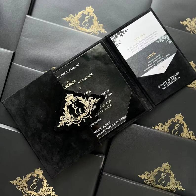 Wedding Invitation Bundle Luxury Black Velvet Envelope and Elegant Acrylic Invitation Trifold Booklet Invitations Reception