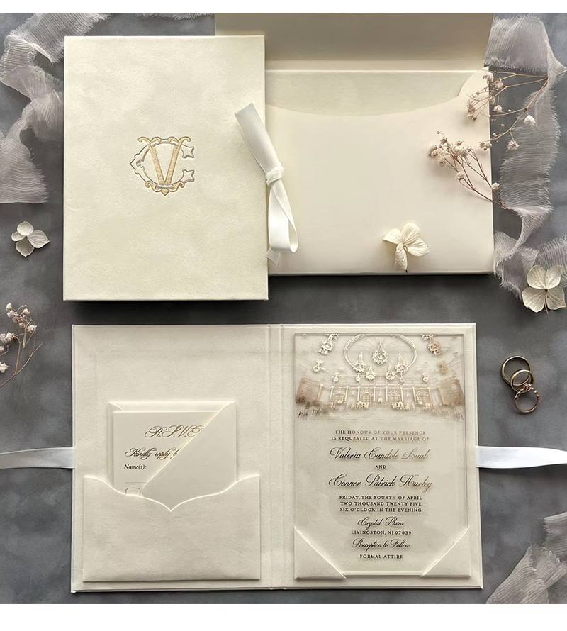 Monogram Folio Cream Luxury Velvet Hardcover Glamorous Customizable Wedding Invitation Cards Elegant Gloss Clear Acrylic Set